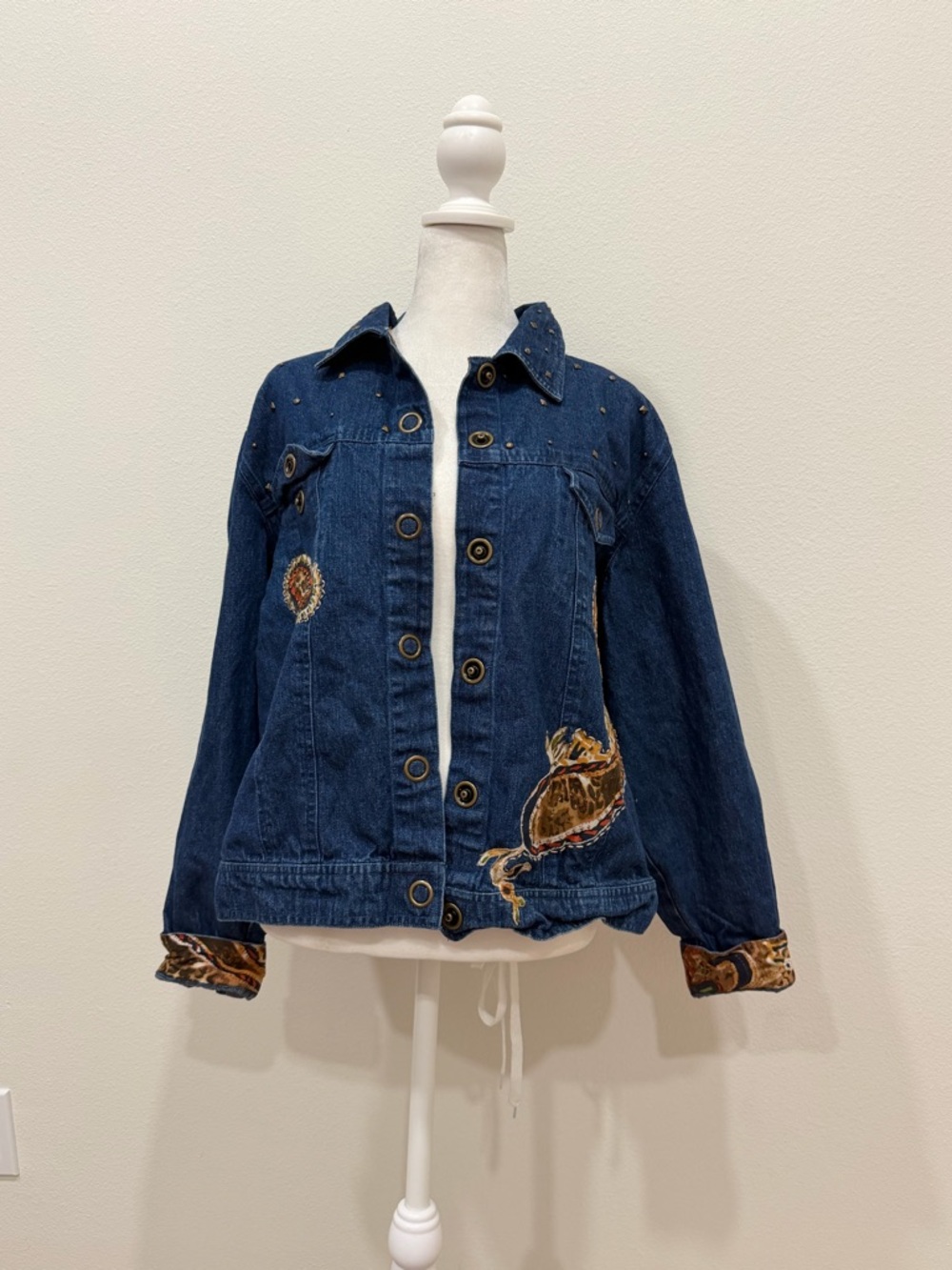 new directions Navy Blue Embroidered Denim Jacket with Stud Details